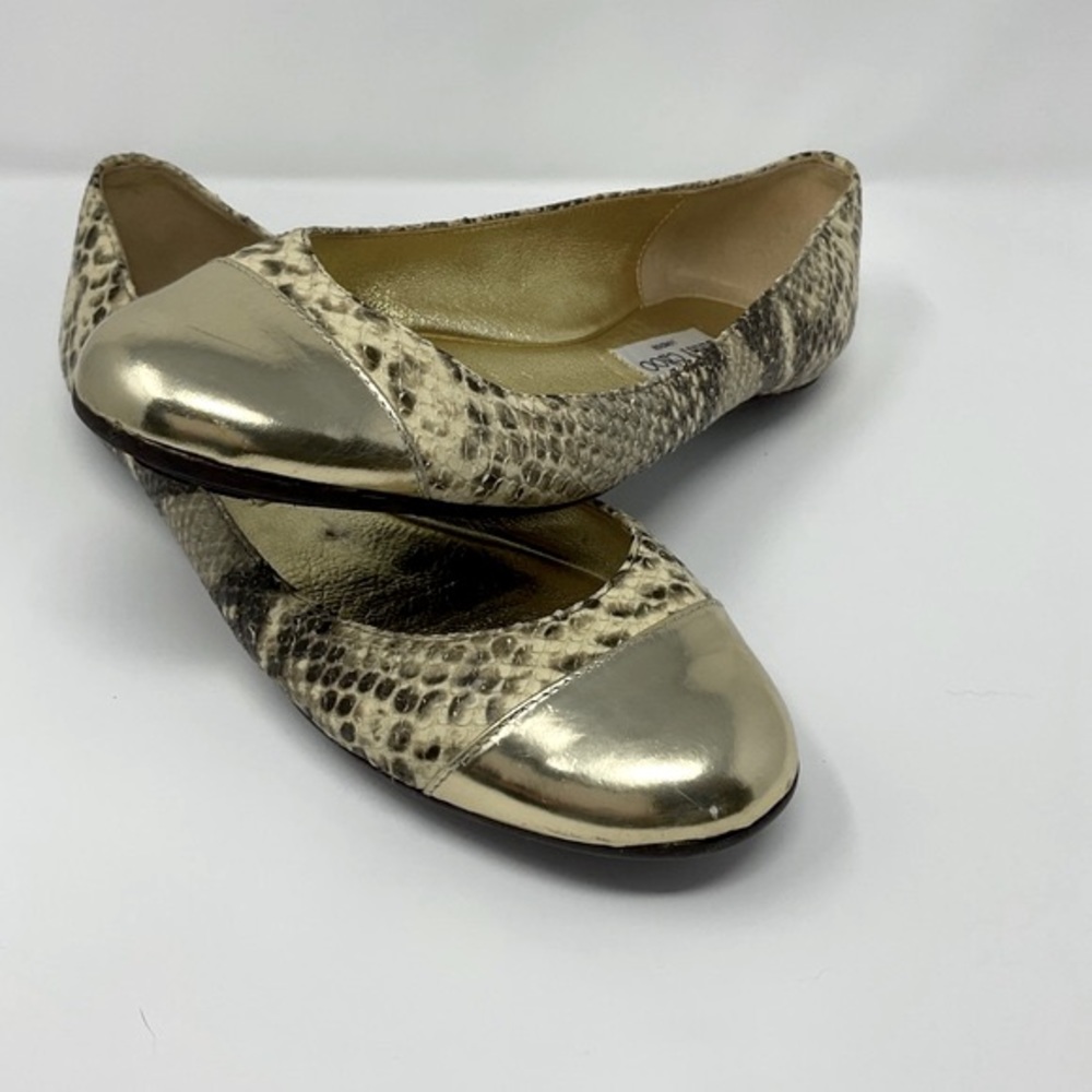 Jimmy Choo Gold Metallic Snake Print Flats - Picture 9 of 14